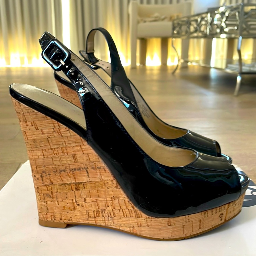 Black patent sling back wedges